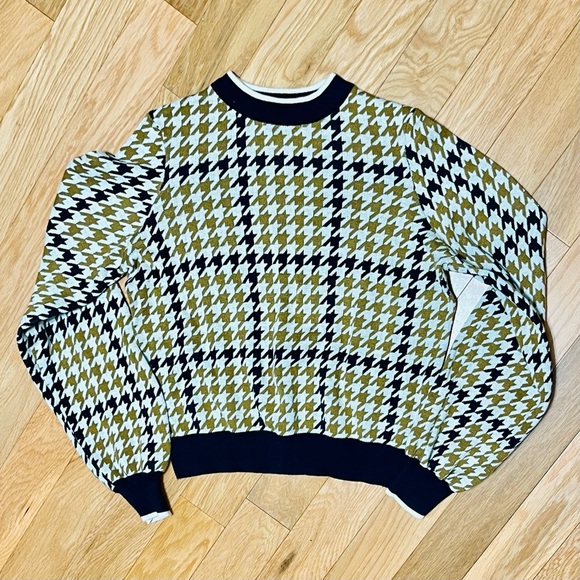WHO WHAT WEAR Houndstooth Sweater Black Ochre Brown Crew Neck Size Medium - Picture 1 of 6
